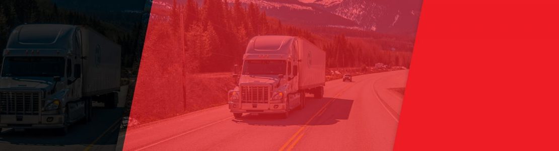 semi truck on highway with mountains and red overlay