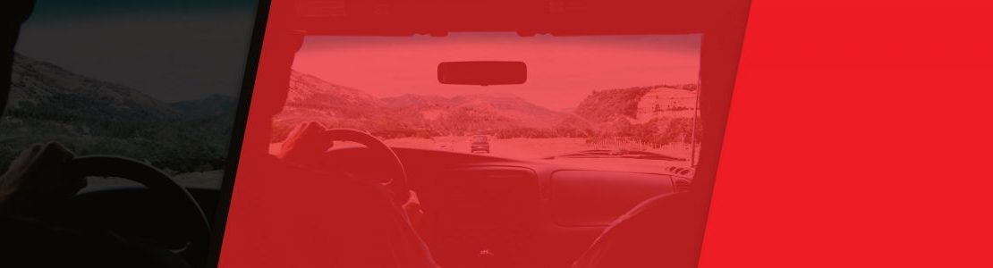 inside of truck cab, driver view through window with red overlay