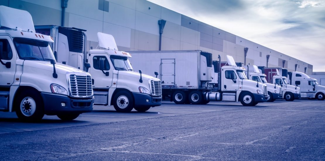 row of white semi trucks in docking stations at building